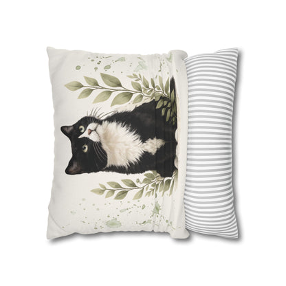 Tuxedo Cat Decorative Throw Pillowcase — Watercolor Botanical Accent for Cat Lovers