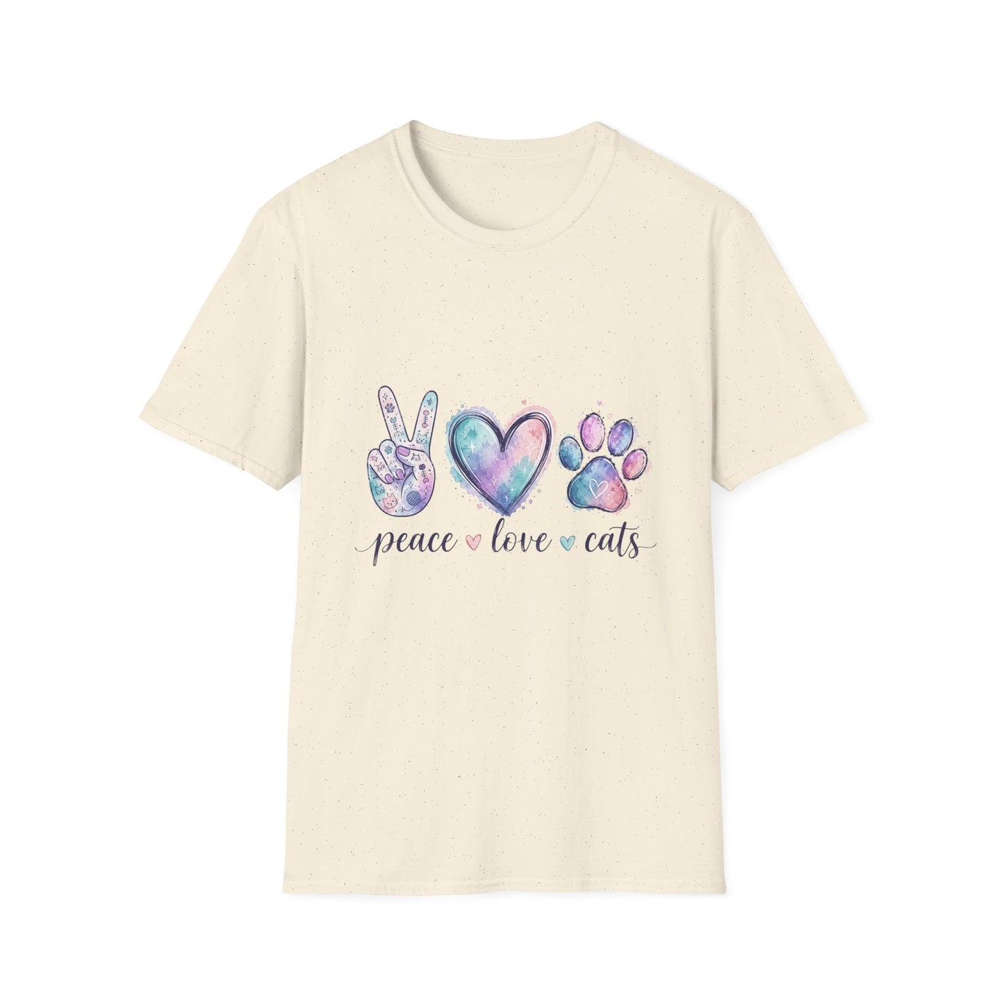 Peace Love Cats T-Shirt — Watercolor Paw & Peace Sign Tee for Cat Lovers