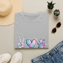 Peace Love Cats T-Shirt — Watercolor Peace Sign, Heart & Paw Graphic