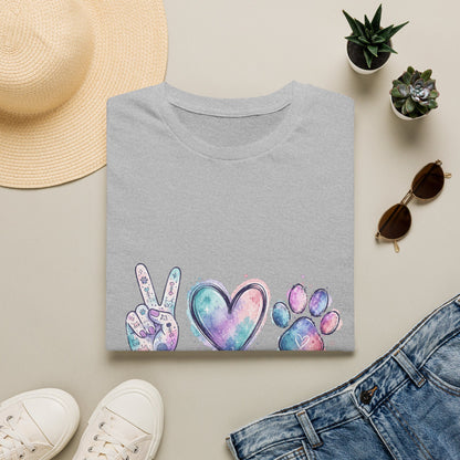 Peace Love Cats T-Shirt — Watercolor Paw & Peace Sign Tee for Cat Lovers