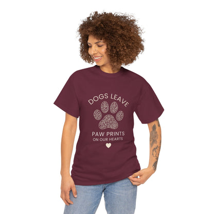 Dog Paw Prints Memorial T-Shirt — "Dogs Leave Paw Prints on Our Hearts"