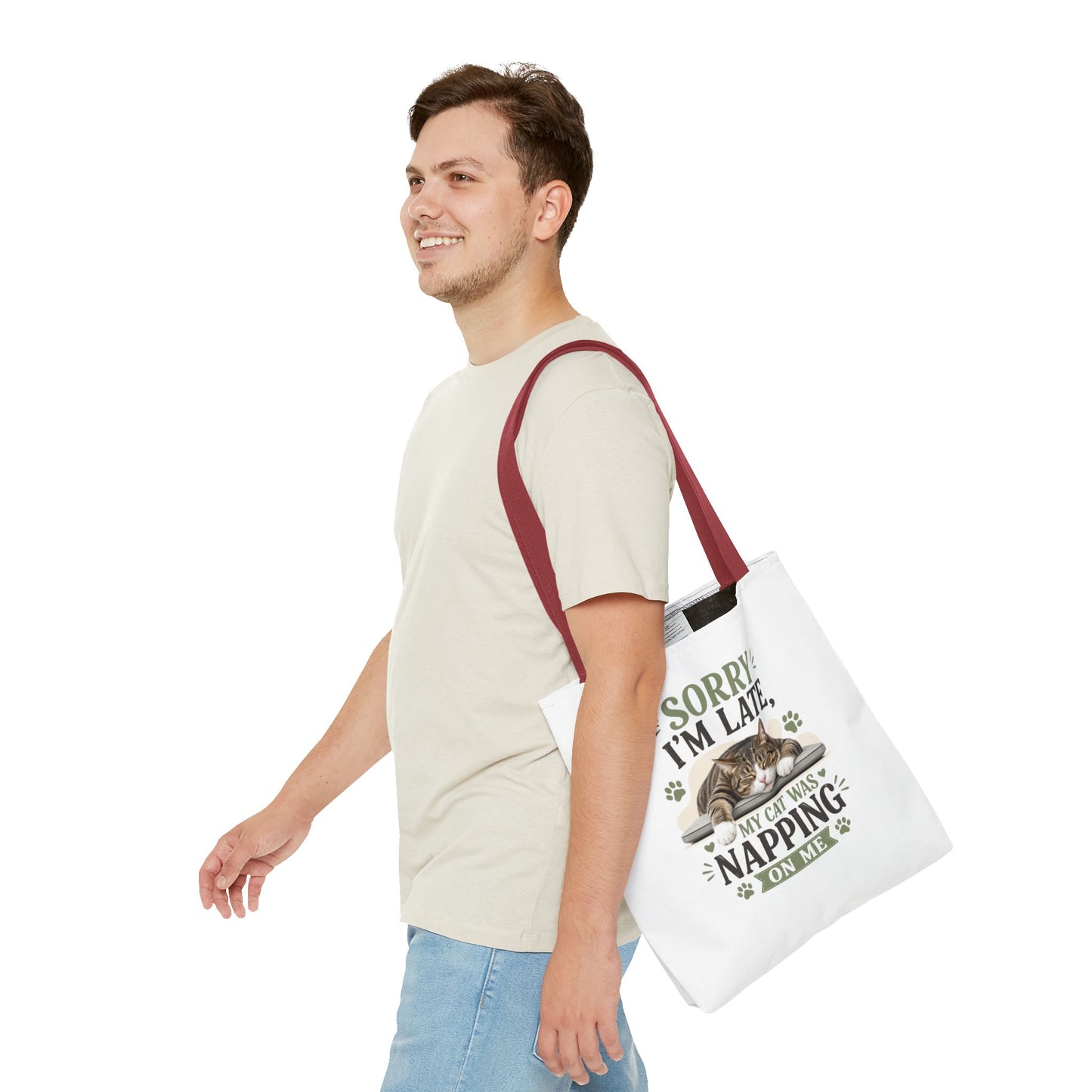 Sorry I'm Late Cat Tote Bag — Funny Cat Lover Canvas Tote (My Cat Was Napping on Me)