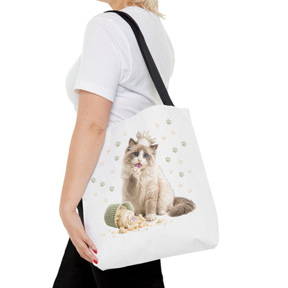 Cute Ragdoll Cat Tote Bag — Floral Crown Kitty with Spilled Popcorn All-Over Print