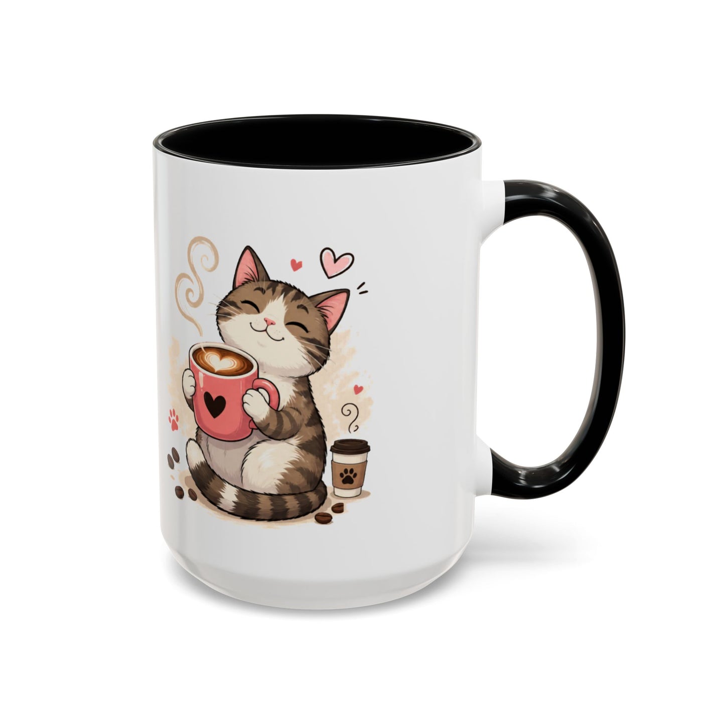 Cat Coffee Mug — "Cat & Coffee" Cute Kitty Design, 11/15oz Accent Ceramic Mug