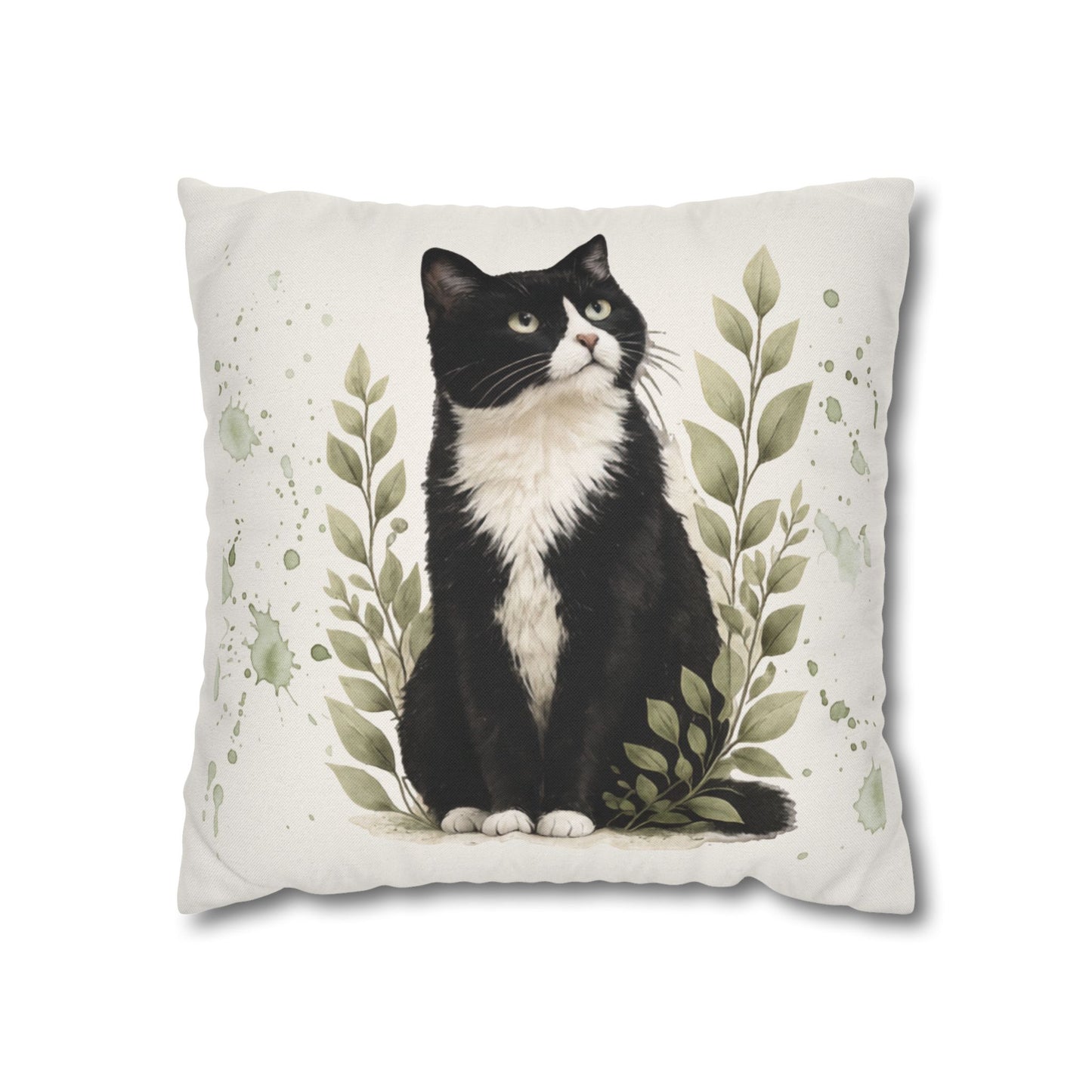 Tuxedo Cat Decorative Throw Pillowcase — Watercolor Botanical Accent for Cat Lovers