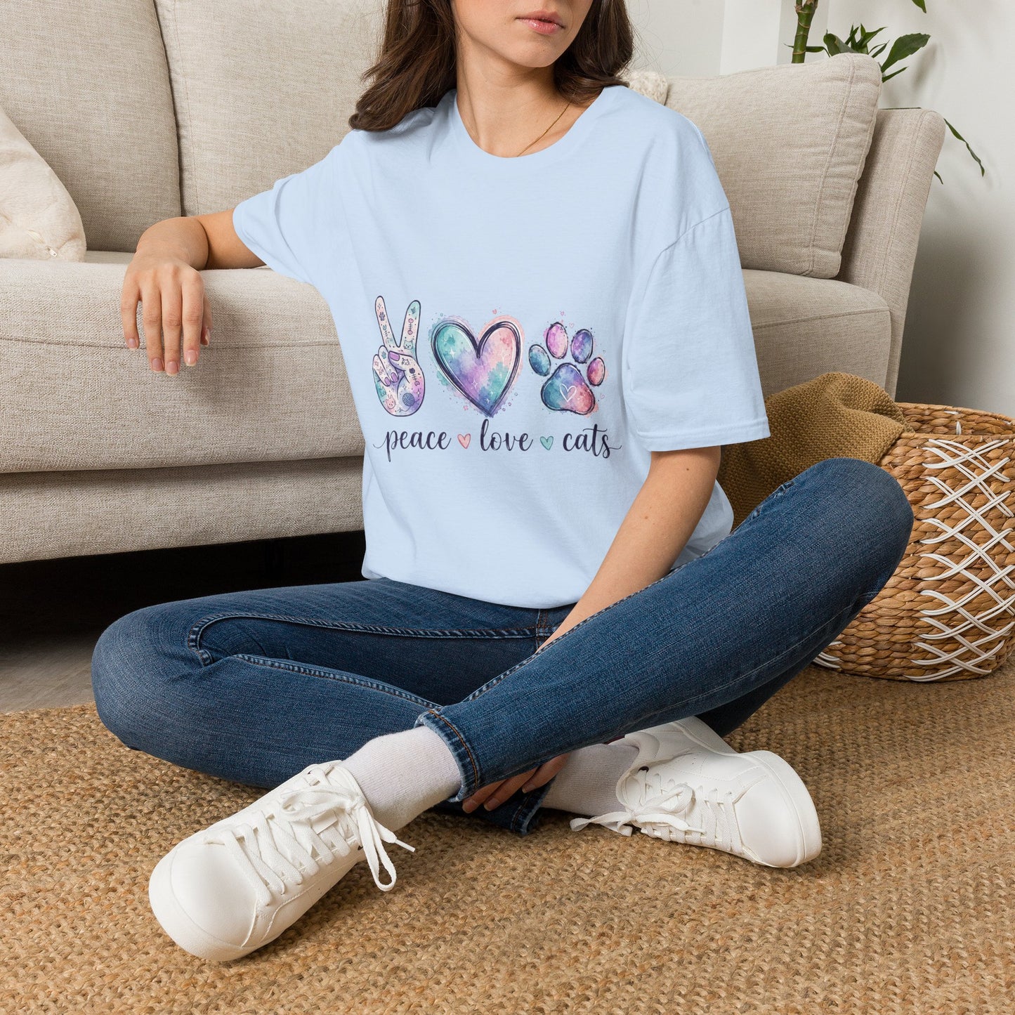 Peace Love Cats T-Shirt — Watercolor Paw & Peace Sign Tee for Cat Lovers
