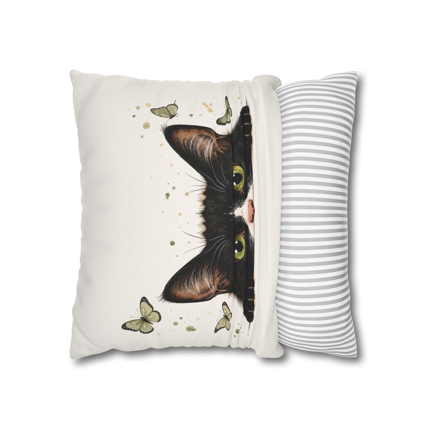 Peeking Black Cat Pillowcase — Cute Cat & Butterflies Decorative Throw Pillow