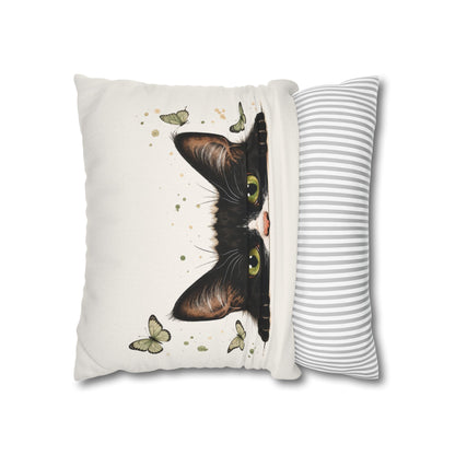 Peeking Black Cat Pillowcase — Cute Cat & Butterflies Decorative Throw Pillow
