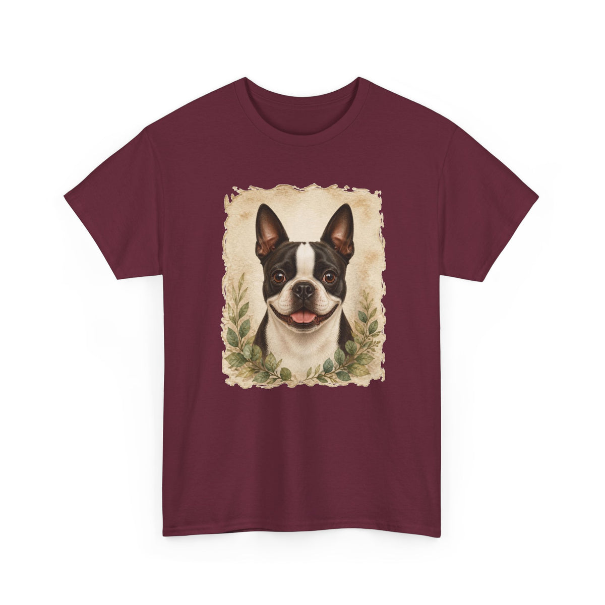 Boston Terrier Portrait Tee — Vintage Floral Dog Art T-Shirt