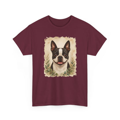 Boston Terrier Portrait Tee — Vintage Floral Dog Art T-Shirt