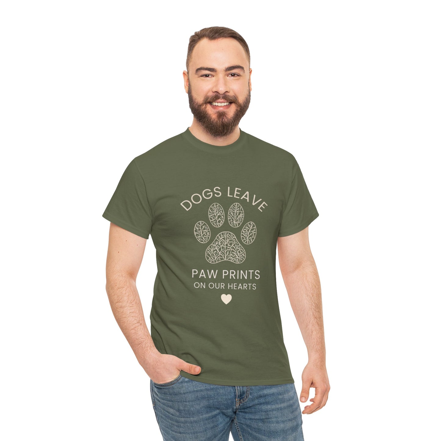 Dog Paw Prints Memorial T-Shirt — "Dogs Leave Paw Prints on Our Hearts"