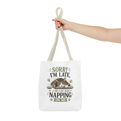 Sorry I'm Late Cat Tote Bag — Funny Cat Lover Canvas Tote (My Cat Was Napping on Me)