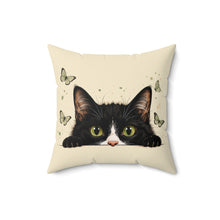 Peekaboo Tuxedo Cat Pillow — Cute Cat with Butterflies Decorative Throw Pillow