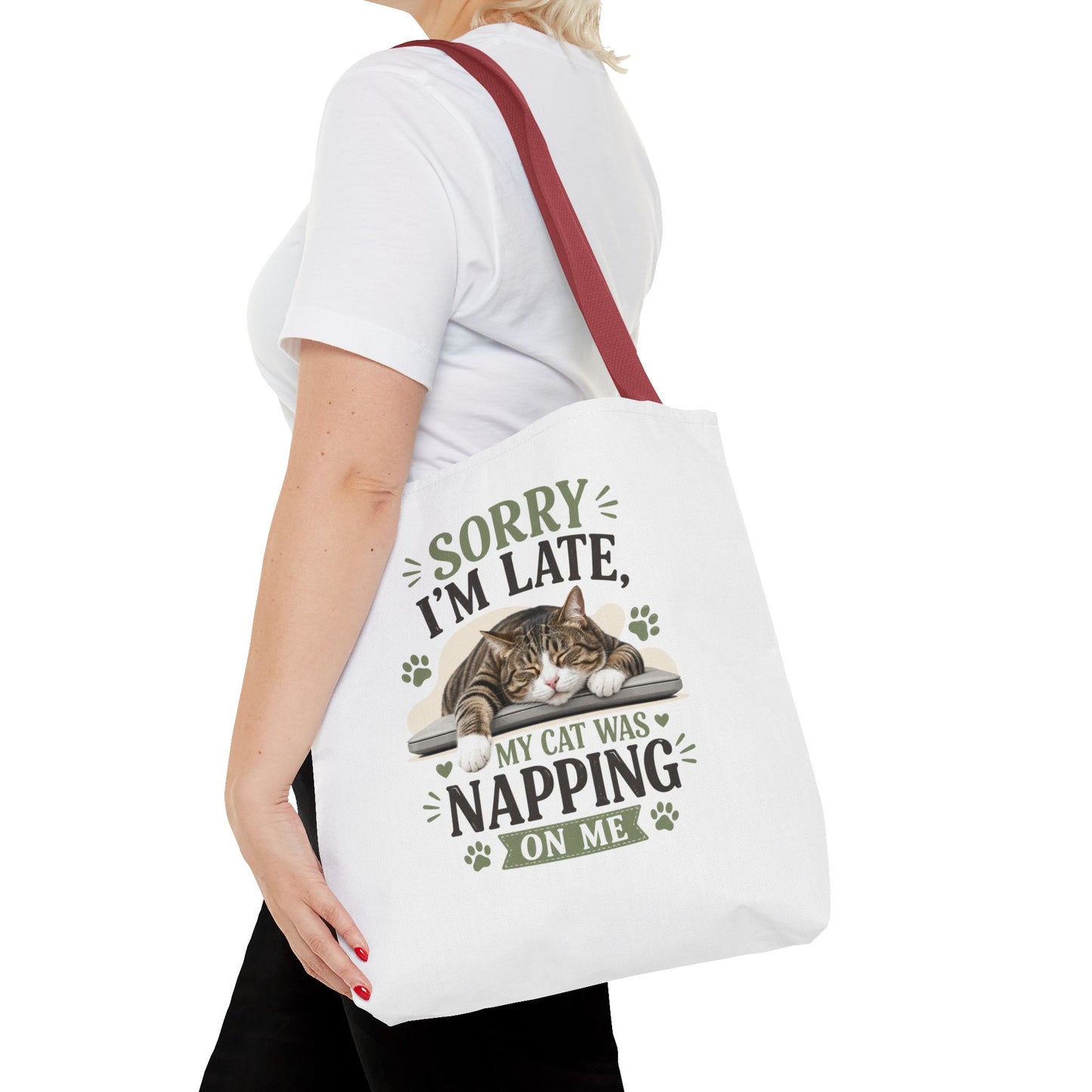 Sorry I'm Late Cat Tote Bag — Funny Cat Lover Canvas Tote (My Cat Was Napping on Me)