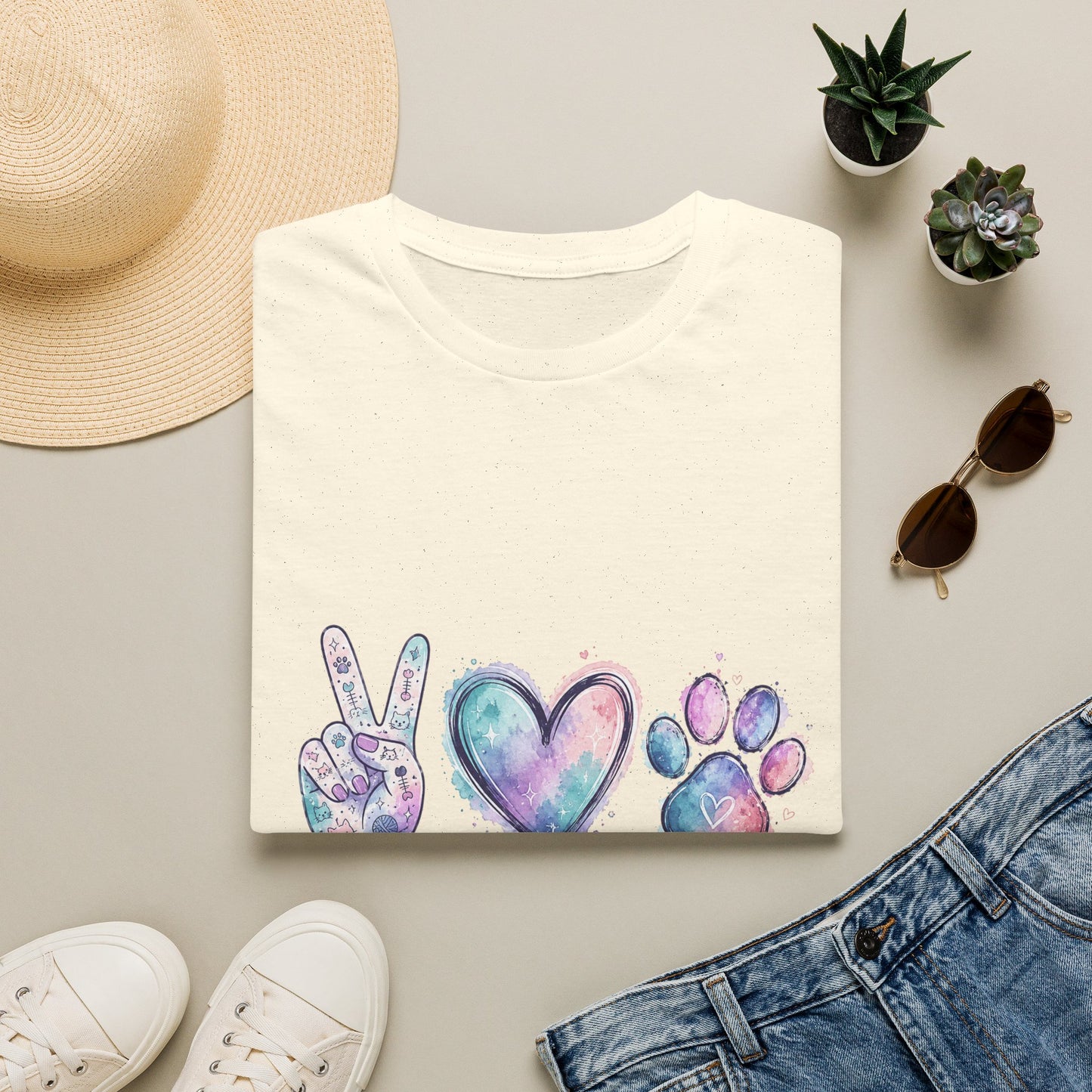 Peace Love Cats T-Shirt — Watercolor Paw & Peace Sign Tee for Cat Lovers