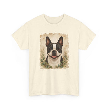 Boston Terrier Portrait Tee — Vintage Floral Dog Art T-Shirt