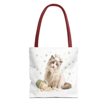 Cute Ragdoll Cat Tote Bag — Floral Crown Kitty with Spilled Popcorn All-Over Print