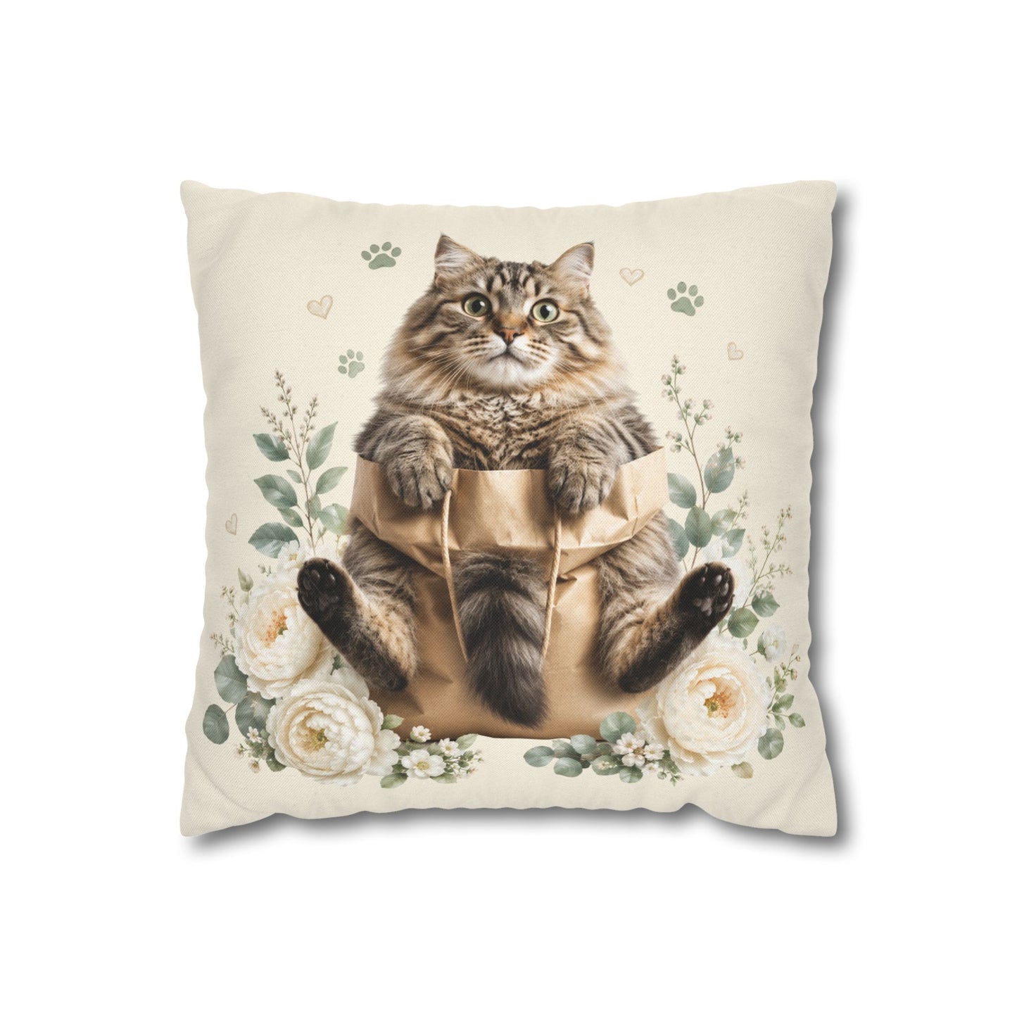 Floral Tabby Cat Throw Pillowcase — Cute Cat in Bag Decorative Square Pillow Cover