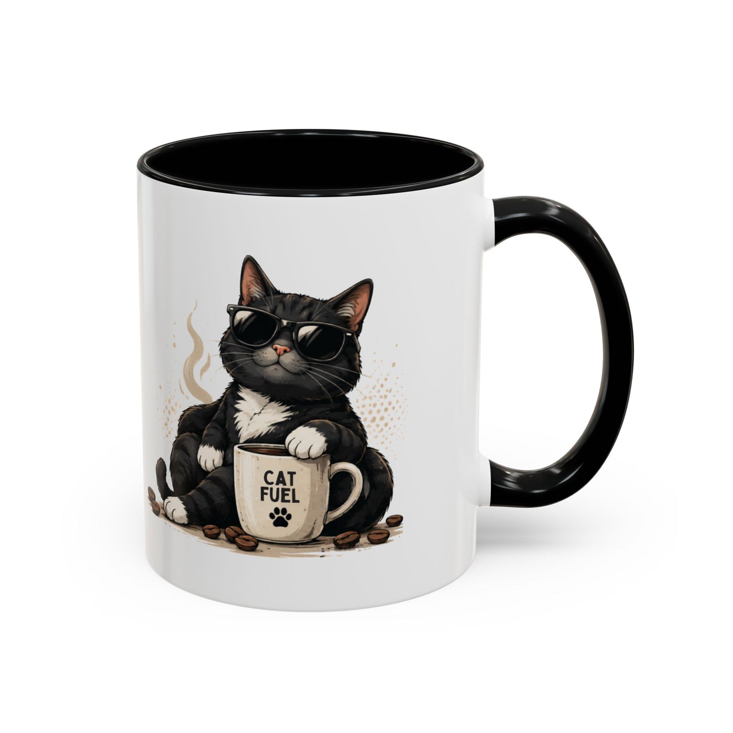 Cat Fuel Coffee Mug — Cute Black Cat Holding ‘Cat Fuel’ Cup, Funny Cat Lover Gift