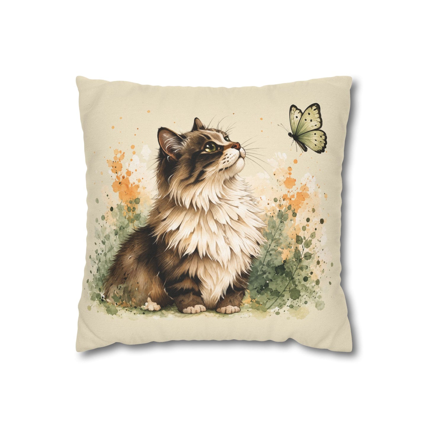 Floral Tabby Cat & Butterfly Decorative Pillowcase