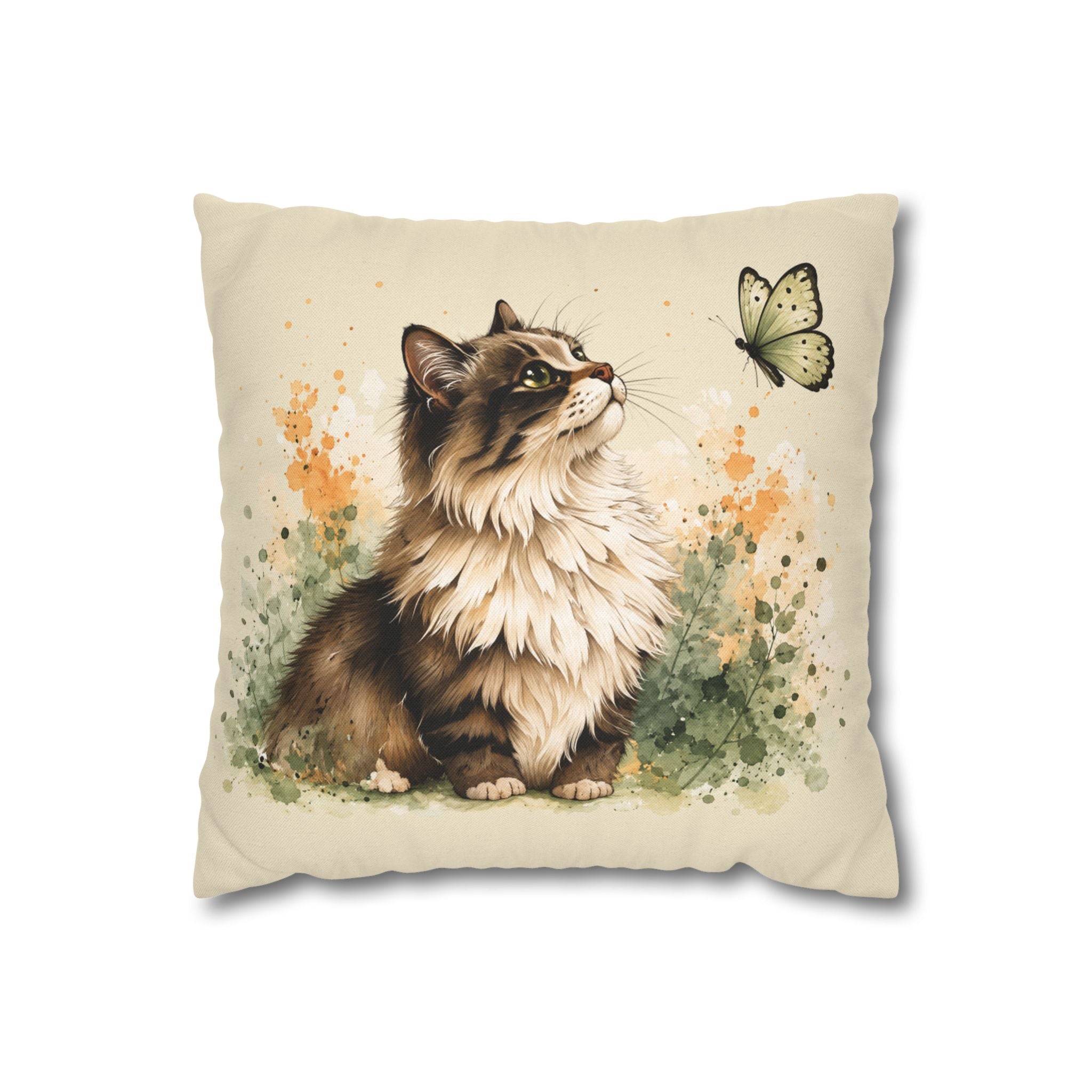 Floral Tabby Cat & Butterfly Decorative Pillowcase