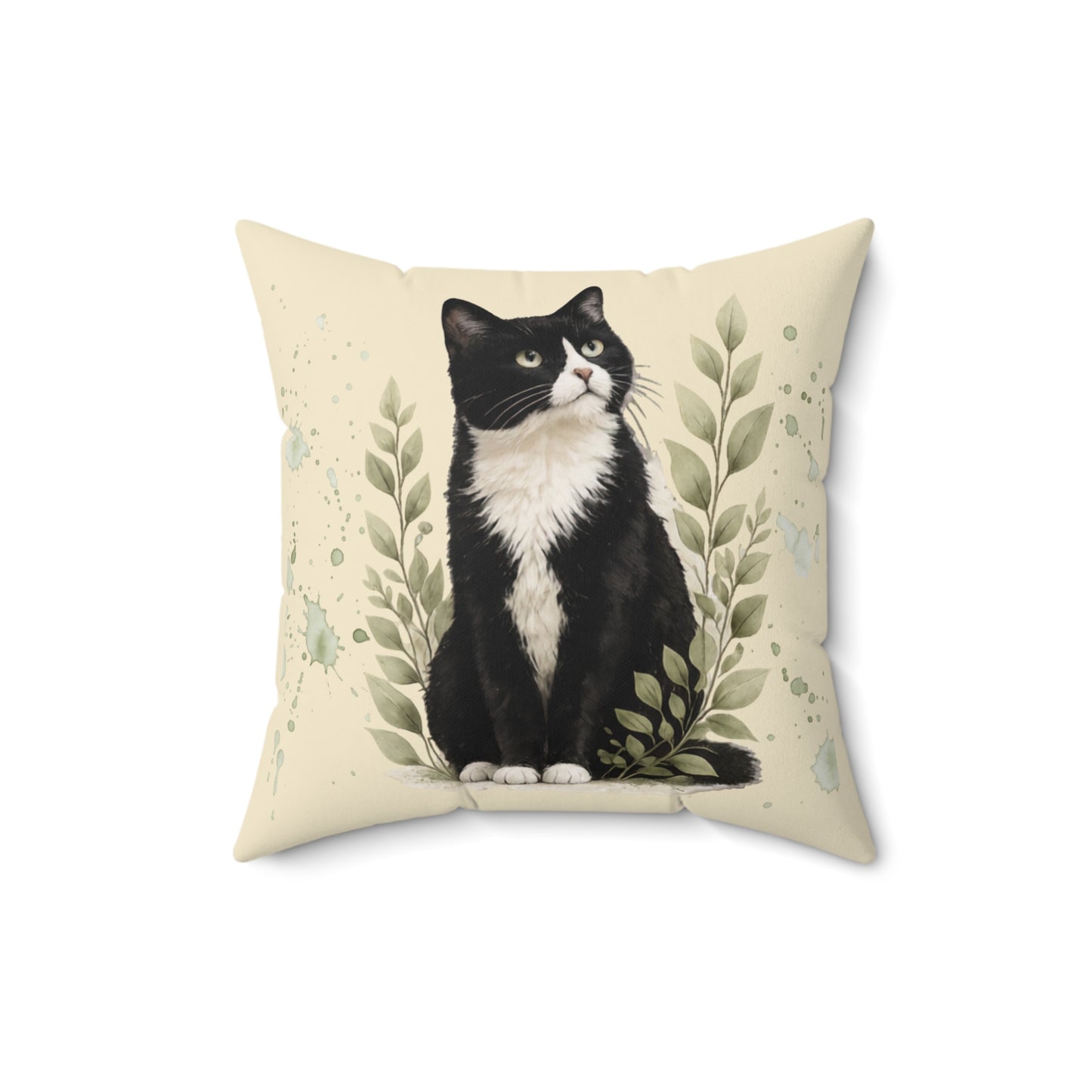 Tuxedo Cat Decorative Pillow — Watercolor Botanical Throw Pillow