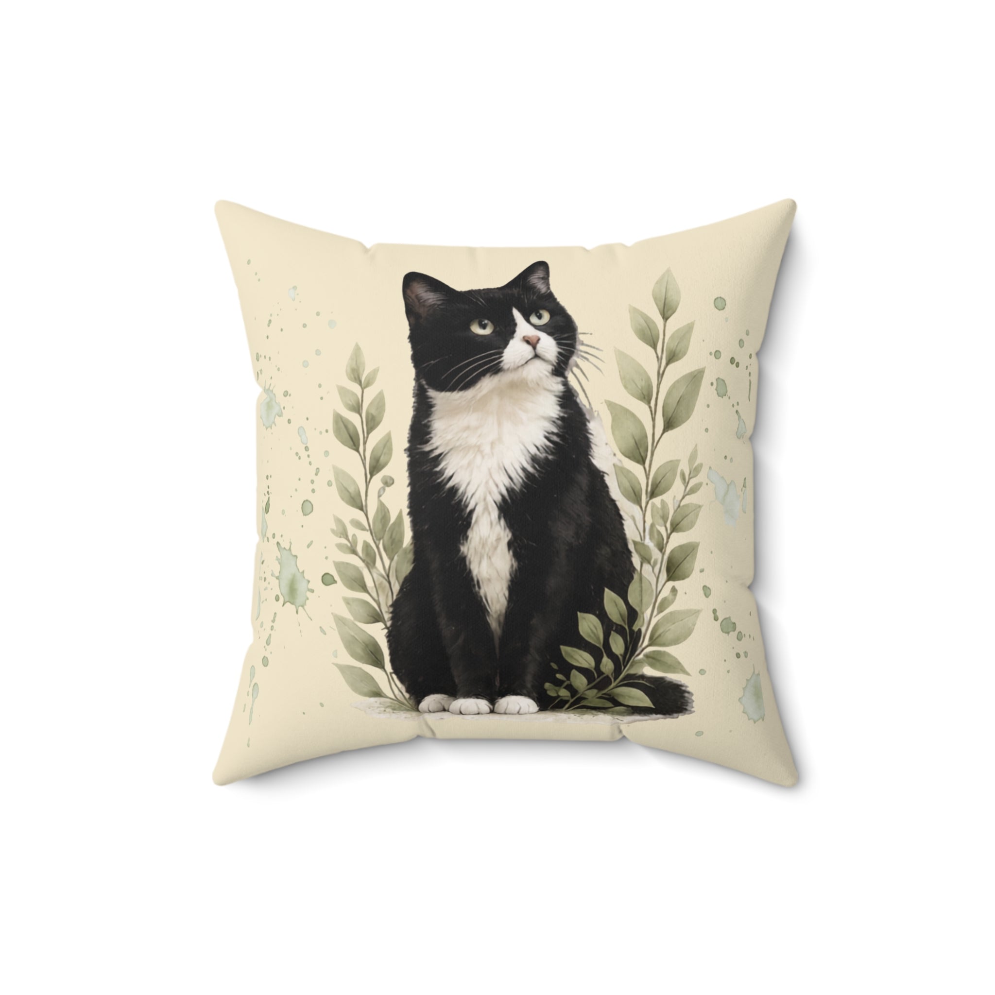 Tuxedo Cat Decorative Pillow — Watercolor Botanical Throw Pillow