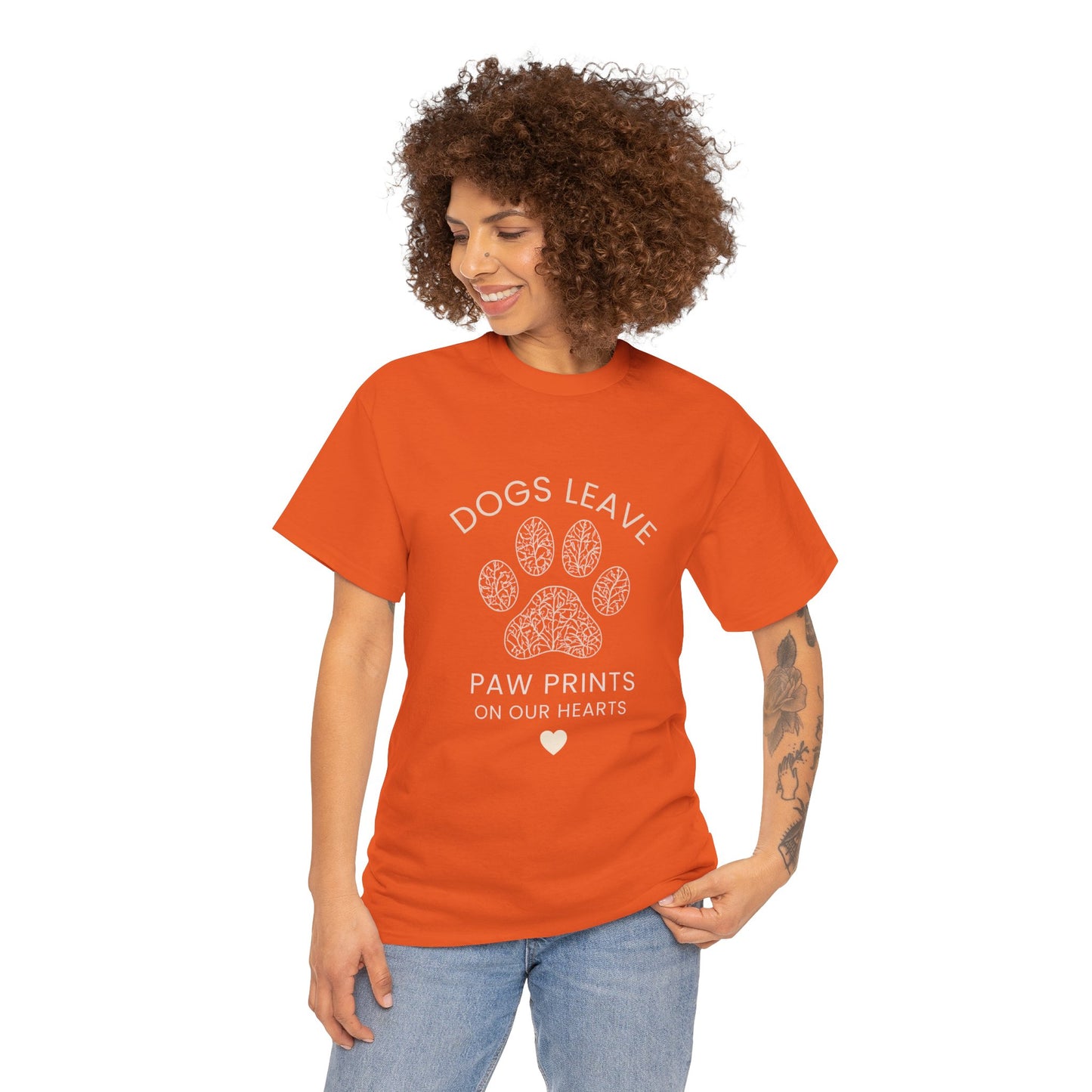 Dog Paw Prints Memorial T-Shirt — "Dogs Leave Paw Prints on Our Hearts"