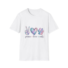 Peace Love Cats T-Shirt — Watercolor Paw & Peace Sign Tee for Cat Lovers