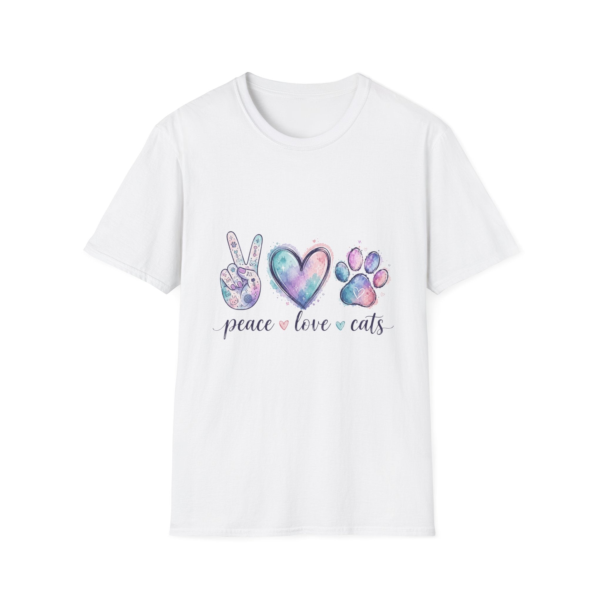 Peace Love Cats T-Shirt — Watercolor Paw & Peace Sign Tee for Cat Lovers