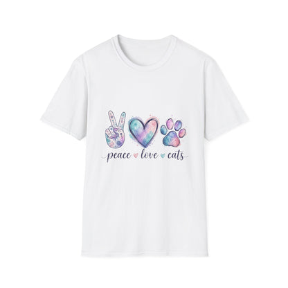 Peace Love Cats T-Shirt — Watercolor Paw & Peace Sign Tee for Cat Lovers