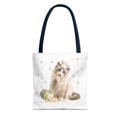 Cute Ragdoll Cat Tote Bag — Floral Crown Kitty with Spilled Popcorn All-Over Print