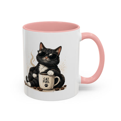 Cat Fuel Coffee Mug — Cute Black Cat Holding ‘Cat Fuel’ Cup, Funny Cat Lover Gift