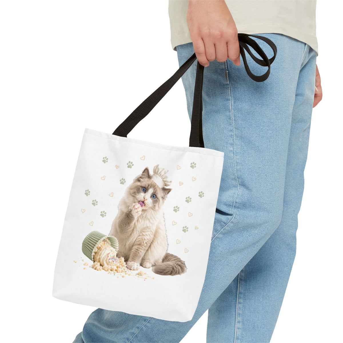 Cute Ragdoll Cat Tote Bag — Floral Crown Kitty with Spilled Popcorn All-Over Print