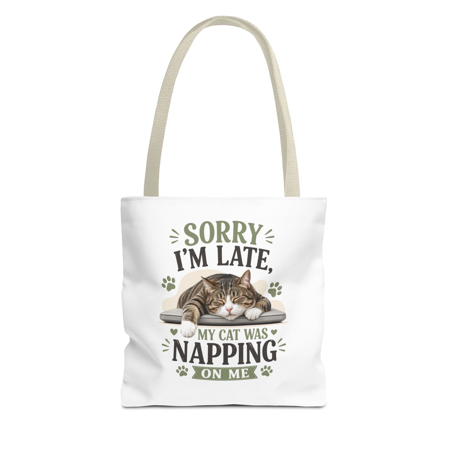 Sorry I'm Late Cat Tote Bag — Funny Cat Lover Canvas Tote (My Cat Was Napping on Me)