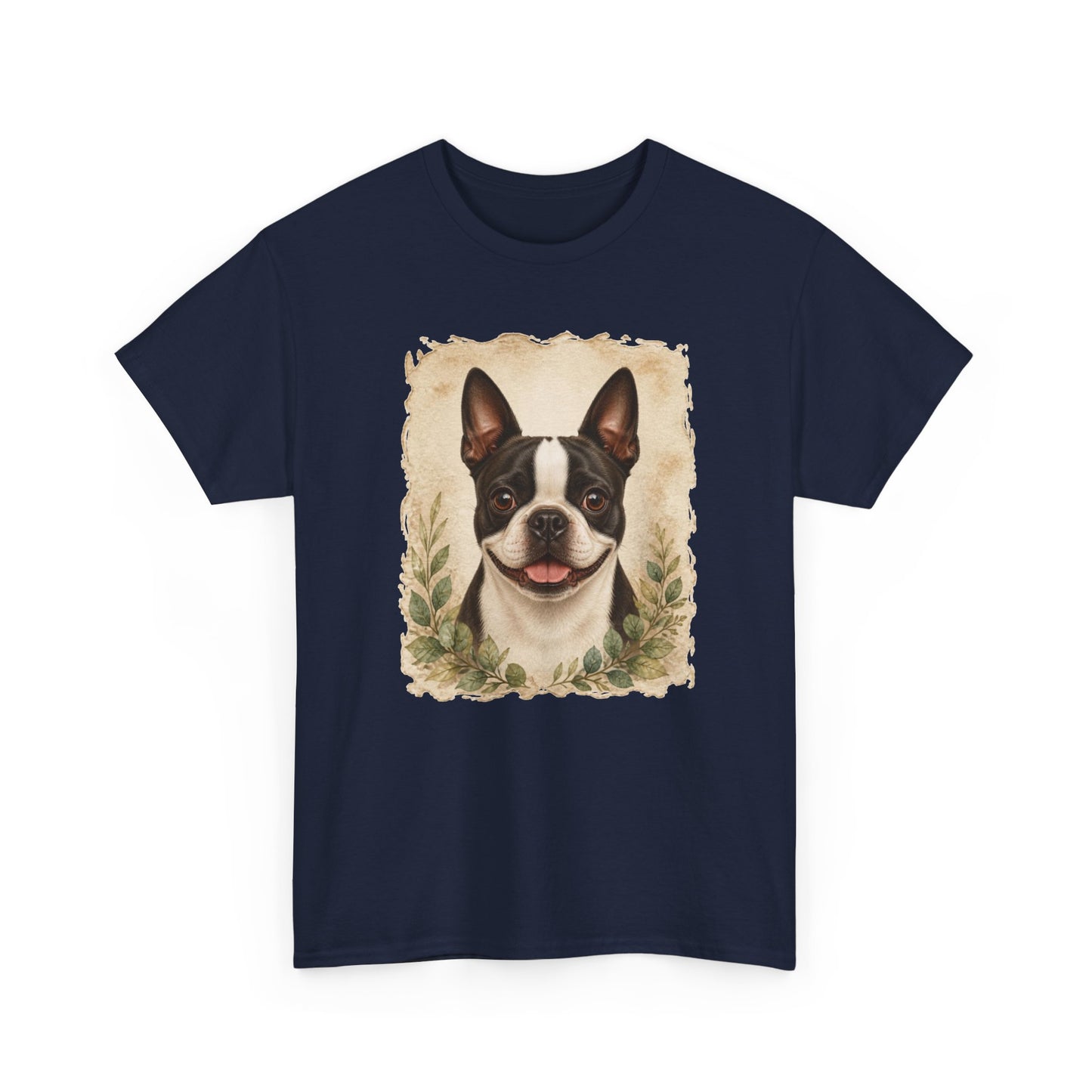 Boston Terrier Portrait Tee — Vintage Floral Dog Art T-Shirt