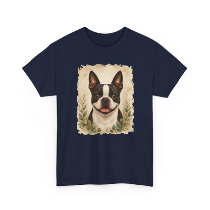 Boston Terrier Portrait Tee — Vintage Floral Dog Art T-Shirt