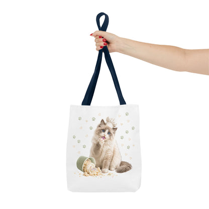 Cute Ragdoll Cat Tote Bag — Floral Crown Kitty with Spilled Popcorn All-Over Print