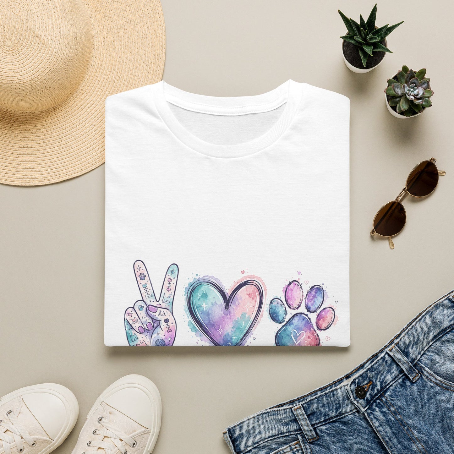 Peace Love Cats T-Shirt — Watercolor Paw & Peace Sign Tee for Cat Lovers