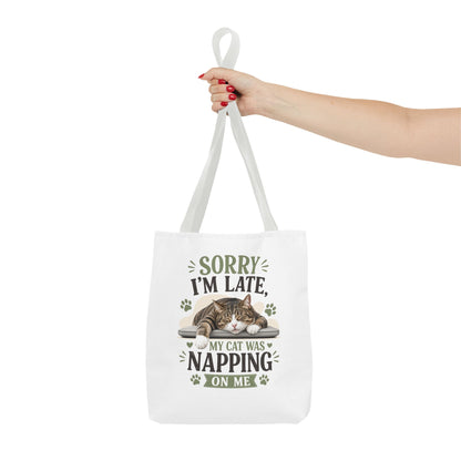 Sorry I'm Late Cat Tote Bag — Funny Cat Lover Canvas Tote (My Cat Was Napping on Me)
