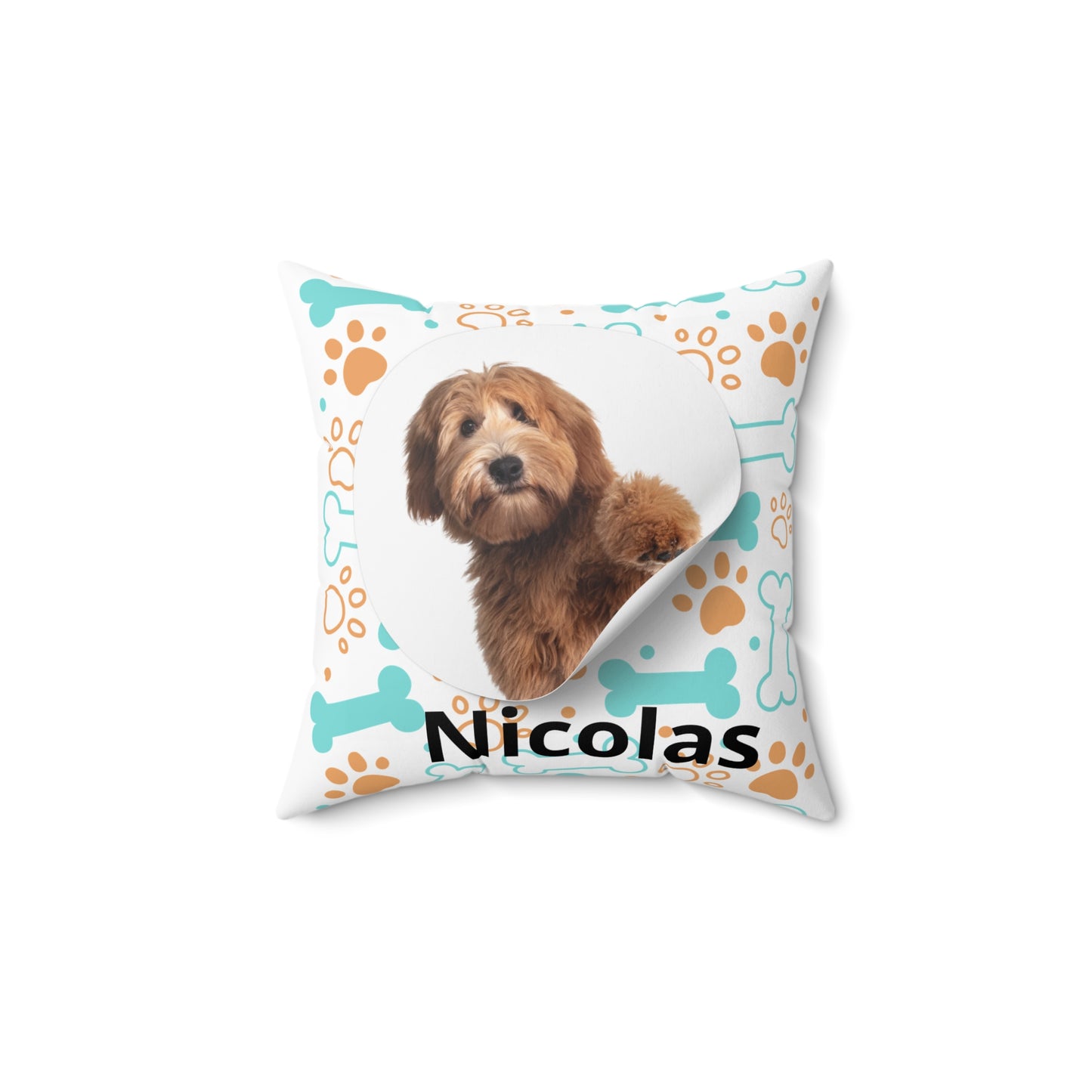 Personalized Dog Photo Pillow — Custom Name Pet Throw Pillow (Paws & Bones Design)
