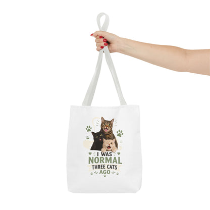 Cat Lover Tote Bag — “I Was Normal Three Cats Ago” Canvas Bag