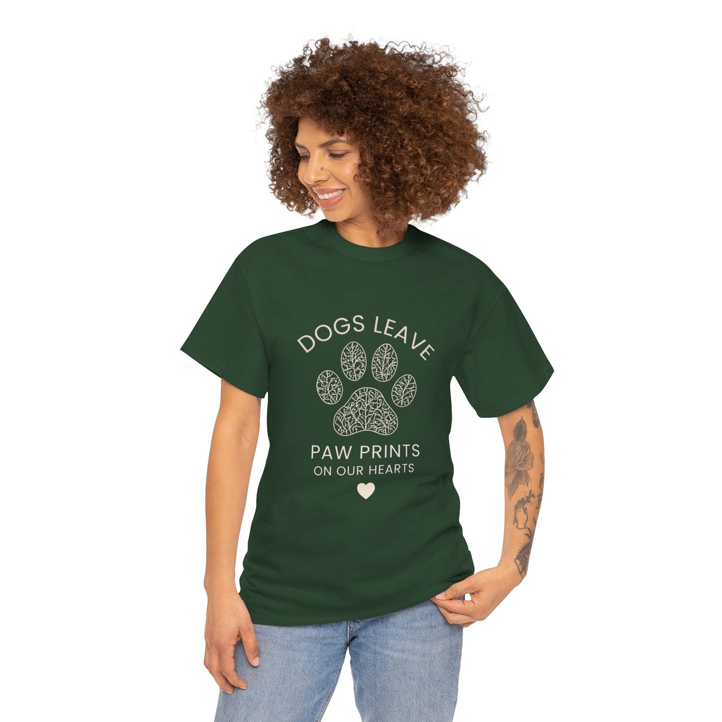 Dog Paw Prints Memorial T-Shirt — "Dogs Leave Paw Prints on Our Hearts"