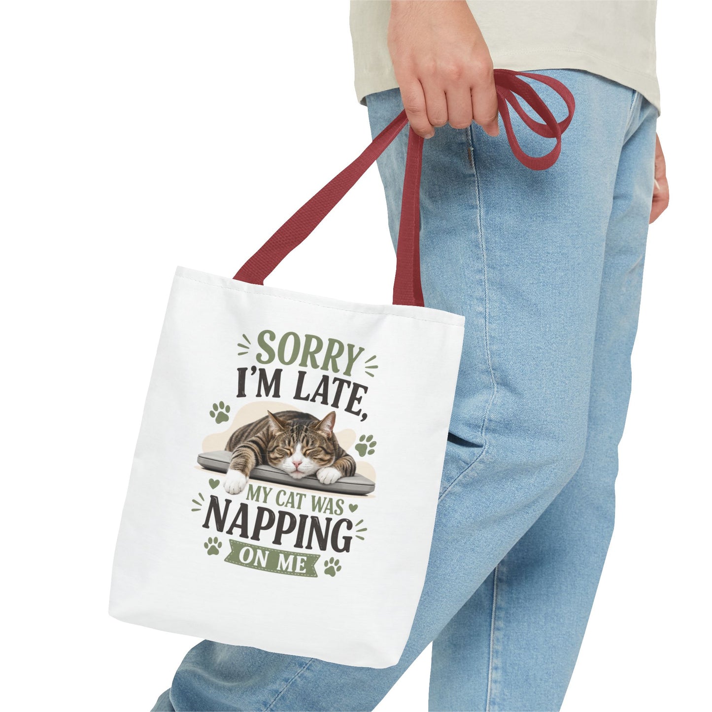 Sorry I'm Late Cat Tote Bag — Funny Cat Lover Canvas Tote (My Cat Was Napping on Me)