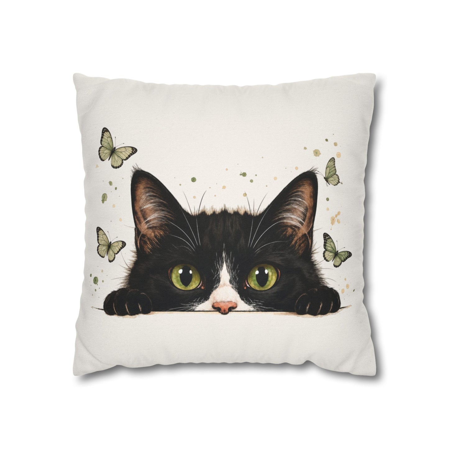 Peeking Black Cat Pillowcase — Cute Cat & Butterflies Decorative Throw Pillow