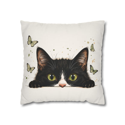 Peeking Black Cat Pillowcase — Cute Cat & Butterflies Decorative Throw Pillow