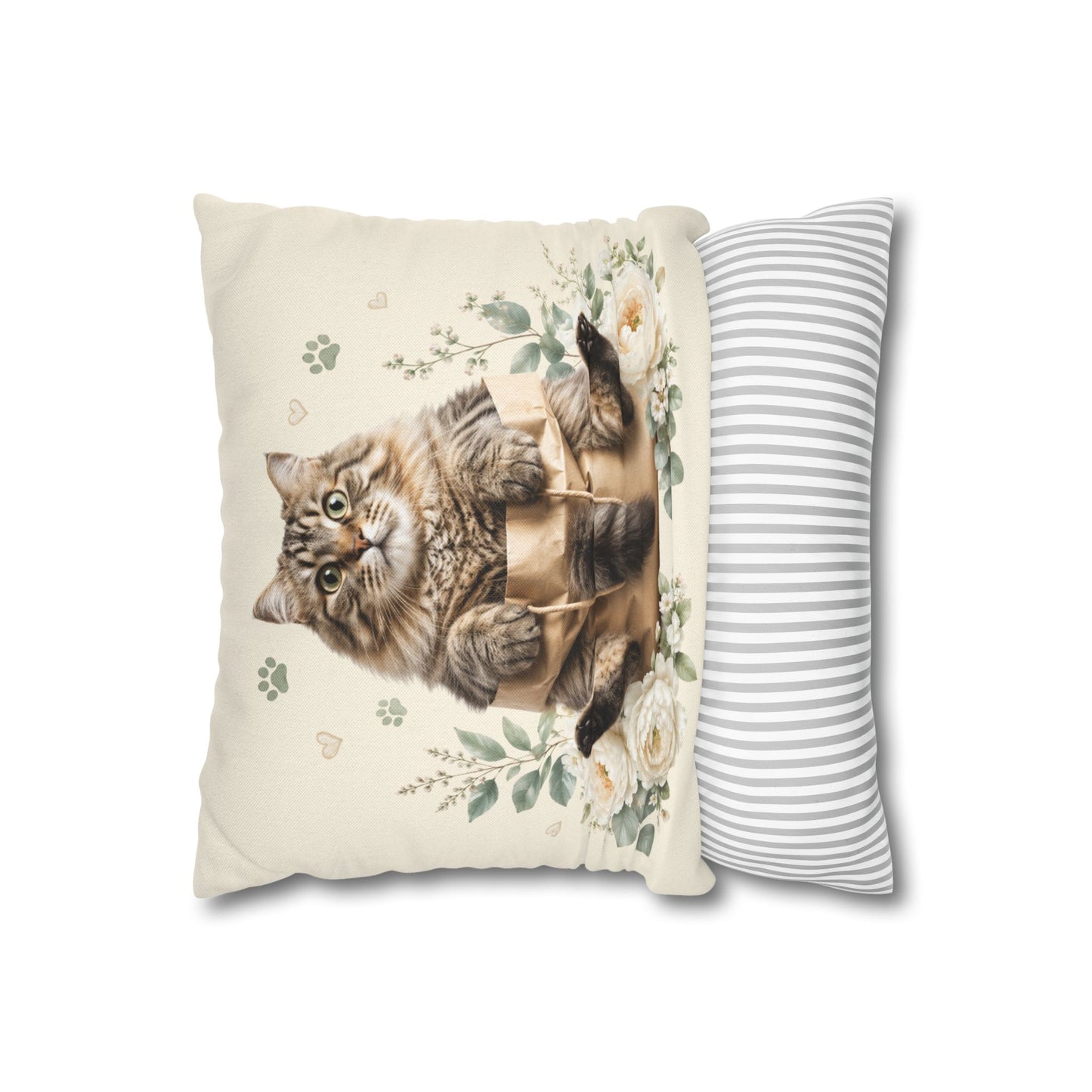 Floral Tabby Cat Throw Pillowcase — Cute Cat in Bag Decorative Square Pillow Cover