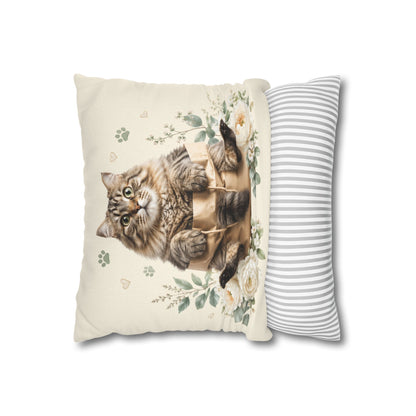 Floral Tabby Cat Throw Pillowcase — Cute Cat in Bag Decorative Square Pillow Cover